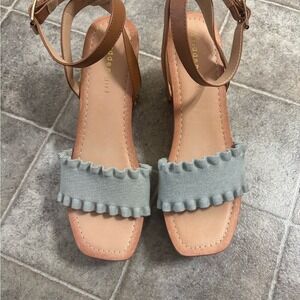 Madden Girl Women's Wooden Platform Sandals Ruffle Denim Ankle Strap Size 6.5